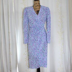 Vintage 1980s California Visionz Sheer Purple Teal Floral Wrap Dress Women's 7/8